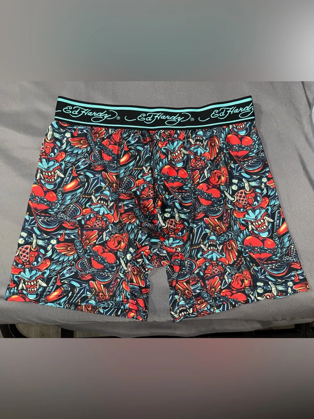Ed Hardy Black Boxer Briefs with Red & Teal Graphic Print